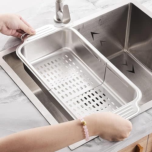 ZDRongZhen Kitchen Supply-Over The Sink Stainless Steel Retractable Kitchen Sink Basket -Wash Vegetables and Fruits, Drain Pasta and Dry Dishes,Extendable (Medium Silver)