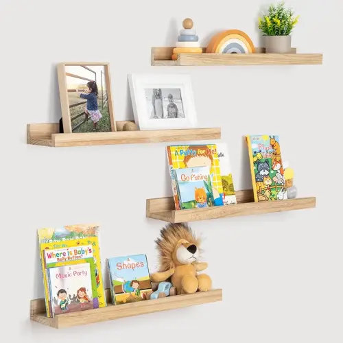 Fun Memories Picture Ledge Shelves 24 Inches Long, Rustic Wooden Floating Shelves with Lip Set of 4, Nursery Book Shelf for Kids Room, Farmhouse Wall Shelf for Living Room, Bedroom