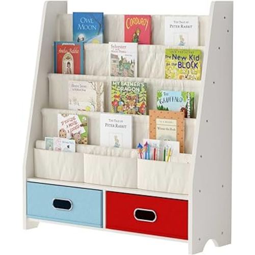 SEIRIONE Sturdy Kids BookShelf, Children Display Rack, 4 Sling and 2 Storage Boxes for Toys Organizer, White/Wood Texture