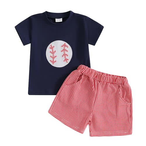 Aiwpstoin Toddler Baby Boy Summer Outfits Embroidered Short Sleeve T Shirt Top Plaid Gingham Boxer Shorts Set