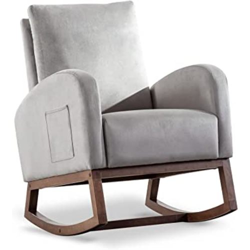 ONPNO Velvet Rocking Chair Nursery Glider Rocker Chair High Backrest Upholstered Accent Armchair with Side Pocket for Living Room Bedroom Office（Light Grey）