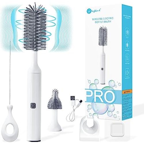 Electric Baby Bottle Brushes USB Rechargeable, Waterproof Bottle Cleaner Brush Wall-Mounted, with Silicone Bottle/Pacifier/Straw Brush, Two-Speed Cleaning Mode, 360° Rotating Cleaning, 1200mAh (Grey) - White With Grey Brush Head