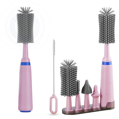 Electric Baby Bottle Brush Cleaner with Drying Rack,Electric Silicone Bottle Brush Set with Nipple/Straw Brush,Easy-Grip Silicone Handle,Rechargeable/Extendable/Waterproof Spinning Bottle Brush,Pink