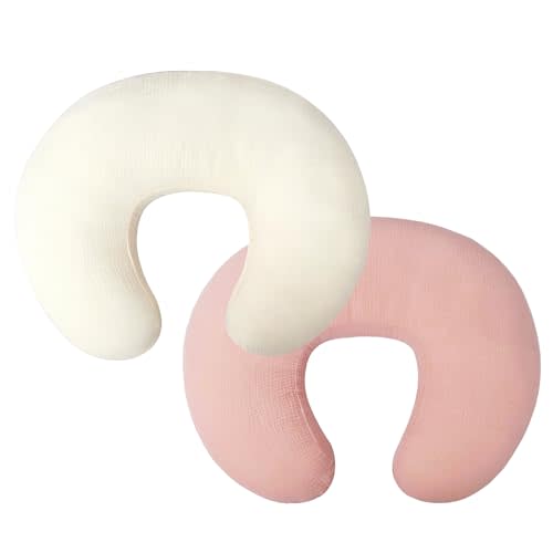 Owlowla Muslin Nursing Pillow Cover,2Pack Soft Cotton Nursing Cover Set Fits Breastfeeding Pillow for Baby Boy Girl(Cream&Blush)