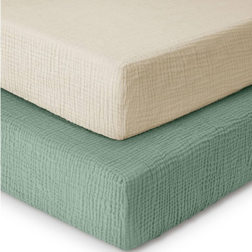 Yoofoss Muslin Crib Sheets for Boys Girls 100% Cotton Fitted Baby Crib Sheet 2 Pack Soft and Breathable for Standard Crib Mattress & Toddler Mattress 52"x28" Apricot&Green