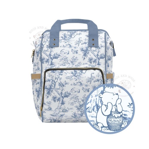 Winnie-the-Pooh Diaper Backpack, Blue Toile de Jouy Baby Shower Gift