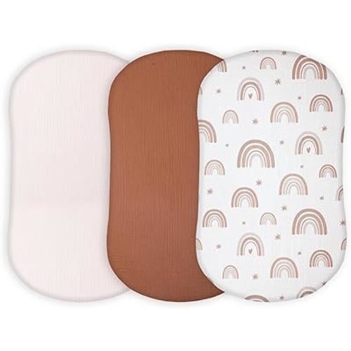 Muslin Bassinet Sheets Compatible with Halo Bassinest Swivel, Flex, Glide, Premiere and Luxe Series Sleeper, Pack 3, 33 X 17 Inch, Ultra Soft and Snug Fit, Unisex Boys Girls, Brown Rainbow