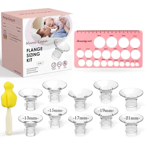 Flange Sizing Kit 3 in 1 Ultimate with 10PCS Flange Inserts 13/15/17/19/21mm, Nipple Ruler, Cleaning Brush, Silicone Flange Insert Kit for 24mm Most Pumps, Pumping Breastfeeding Essentials