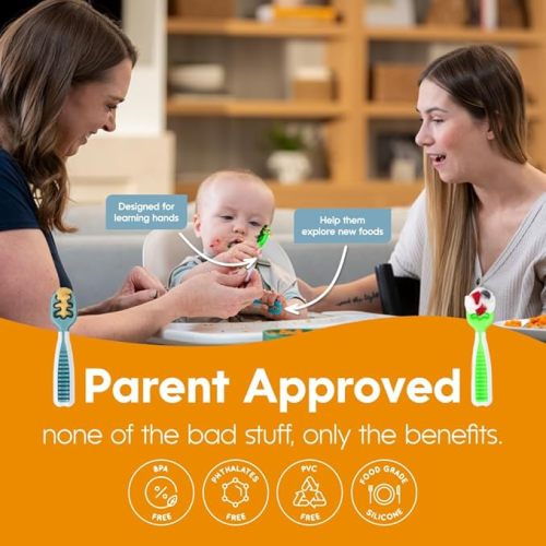 NumNum Baby Spoons Set, Feeding Littles x Silicone Pre-Spoon GOOtensils for Kids Aged 6+ Months - First Stage, Baby Led Weaning (BLW), Teething Spoon - Toddler Utensils - 3 Spoons, Neutrals - Feeding Littles Neutral