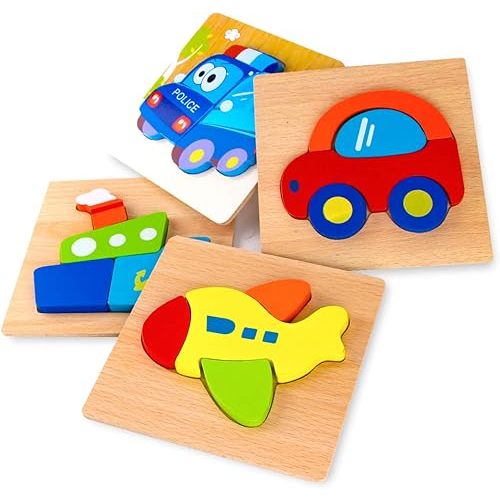 SKYFIELD Wooden Vehicle Puzzles for Toddlers 1 2 3 Years Old, Boys &Girls Educational Toys Gift with 4 Vehicle Patterns, Bright Vibrant Color Shapes, Customize Gift Box Ready(Vehicle)