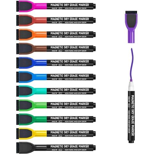 maxtek Magnetic Whiteboard Markers - 12 Count Colorful Fine Tip Dry Erase Markers with Eraser for Kids, Low Odor Thin Markers for Calendar Boards