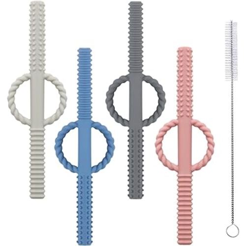 4 Pack Handle Hollow Teethers Tubes (6.8'' Long) Teething Toys for Babies 0-6 Months - BPA Free