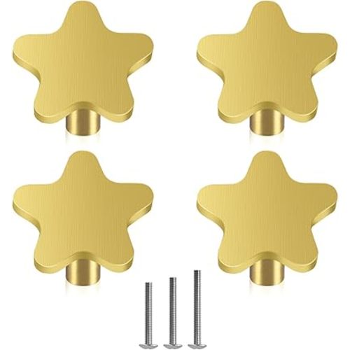 4X Solid Brass Hardware Star-Shape Knob Drawer Brushed Gold Cabinet Knob 34mm/1.33" for Kitchen Cupboard Furniture Chest Door Dresser Bathroom with 3-Sized Screws