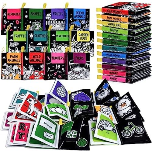 OKOOKO Soft Baby Books Black and White High Contrast 12PCS Soft Cloth Books Bath Books Crinkle Washable Non-Toxic Early Education Preschool Learning Toy for Newborns Babies Infants Toddlers Kids