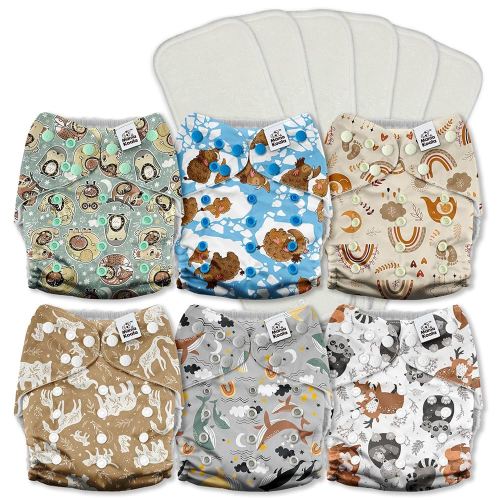 Mama Koala 3.0 Cloth Diapers for Babies with AWJ Lining, 6 Pack with 6 5-Layer Natural Cloth Diaper Inserts - Reusable and Washable Pocket Diapers(A-Animals' Love)