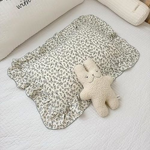 BuLuTu 4 Layers Muslin Cotton Toddler Pillowcase, 1 pc, 12"x20", Shabby Chic Blue Floral Print Pillow Cases for Kids Girls Boys Pillow Covers Soft Breathable, Envelope Closure