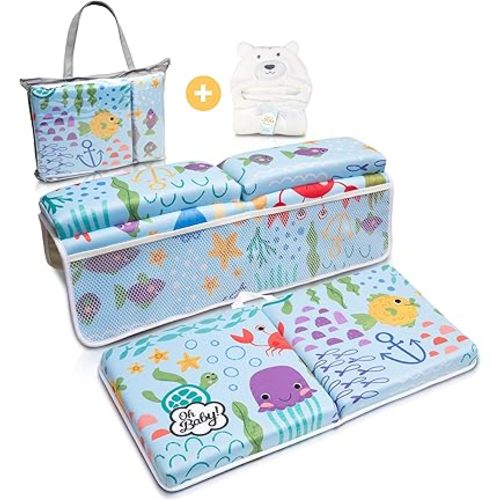 Bath Kneeler and Elbow Rest Pad Set - Includes Hooded Baby Towel, Baby Bath Cushion with 1.5" Neoprene Padding, 8 Suction Cups - Bath Tub Kneeler and Elbow Rest, 4 Mesh Pockets for Bath Essentials