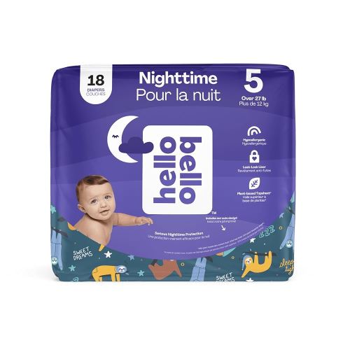 Hello Bello Premium Overnight Baby Diapers Size 5 I 18 Count of Ultra Absorbent and Super Soft Nighttime Disposable Diapers for Babies and Toddlers I Sleepy Sloths