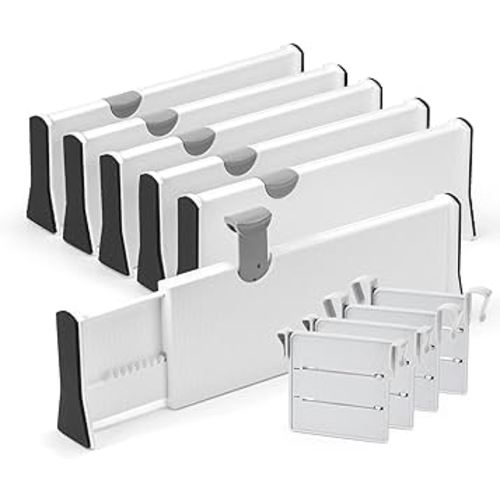 Easortm Drawer Divider 6 Pack, Adjustable Drawer Dividers for Clothing, Expandable Drawer Dividers Organizer form 11-17" for Kitchen Dresser Bathroom Bedroom Drawer.(White)