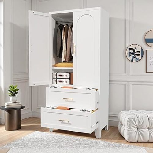 Armario de metal de 71 pulgadas con 2 cajones, almacenamiento de ropa arqueado independiente de 2 puertas de alto con estantes ajustables y barra para colgar para dormitorio, color blanco