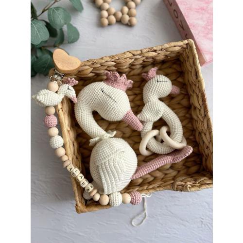 Crocheted Swan pacifier chain and rattle set, Granddaughter gift idea, Handmade Swan toys for babyshower gifts, Amigurumi stuffed Swan