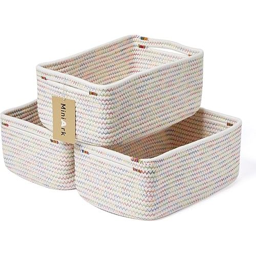 MiniArk Small Storage Baskets for Organizing | Closet Organizer Bins | Shelf Toy Basket | Woven Rope Baskets | Cube Decorative Box | Shallow Basket | 13x8.5x5.1” | 3 Packs Rainbow