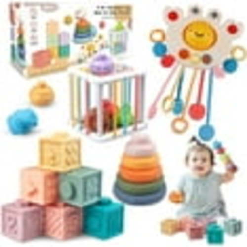 Montessori Baby Toys for 6-18 Months Pull String Teether Stacking Blocks Sensory Shapes Colorful Storage Bin 4 in 1 Toddlers Toy