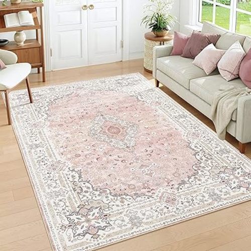Pink 5x7 Area Rugs for Living Room, Washable Vintage Boho Rug Non Slip for Bedroom Kitchen Office, Low Pile Soft Stain Resistant Carpet Floor Indoor Laundry Dining Room