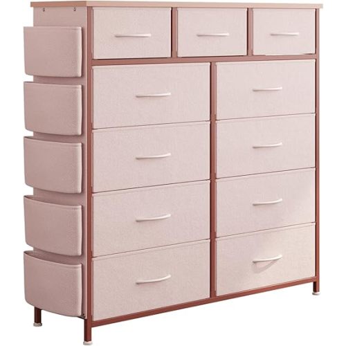 11 Drawer Fabric Storage Dresser for Bedroom Organization, Chest of Drawers with Deep Shelves, Side Pockets & Hooks, Sturdy Steel Frame & Wood Top, Baby/Kids Closet Organizer Unit