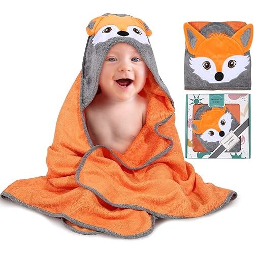 Toddler Bath Towel & Baby Bath Towels - Extra-Large, Plush, and Absorbent Toddler Towels - Cute Fox Face Design Vibrant Orange - Hooded Baby Towels, Soft Bamboo Viscose, Newborn Essential