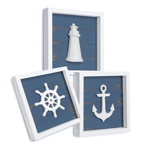 TideAndTales 3D Nautical Wall Decor (Famed Set of 3) Anchor, Lighthouse and Ship Wheel - Rustic Beach Bathroom Coastal Theme Home Decorations - Nautical Gifts (7"x7"), Classic Blue