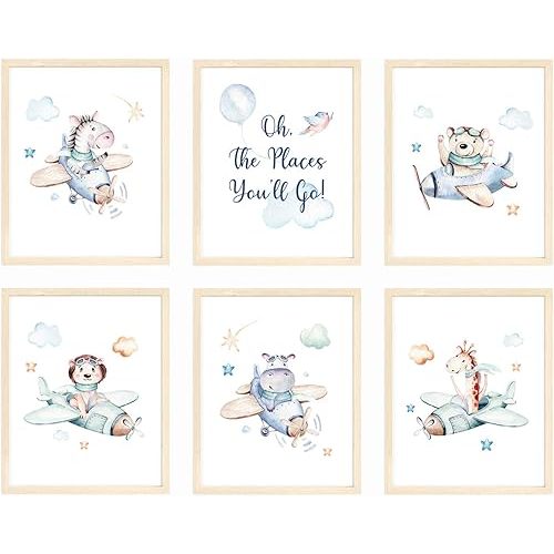 bumbleboo Nistio® Oh The Places You Will Go Nursery Print, Airplane Nursery Prints, Safari Animals Nursery Wall Art, Seuss Nursery Print, Airplane Nursery Wall Art, Unframed, Set of 6 Prints, 8x10