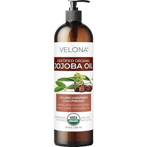 velona Jojoba Oil USDA Certified Organic - 8 fl oz (With Pump) | 100% Pure and Natural | Golden, Unrefined, Cold Pressed, Hexane Free | Moisturizing Face, Hair, Body, Skin Care
