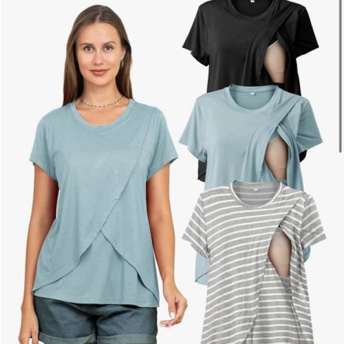 Rnxrbb 3 Pack Women's Nursing Tops for Breastfeeding Summer Short Sleeve T Shirts Postpartum Double Layer Clothes