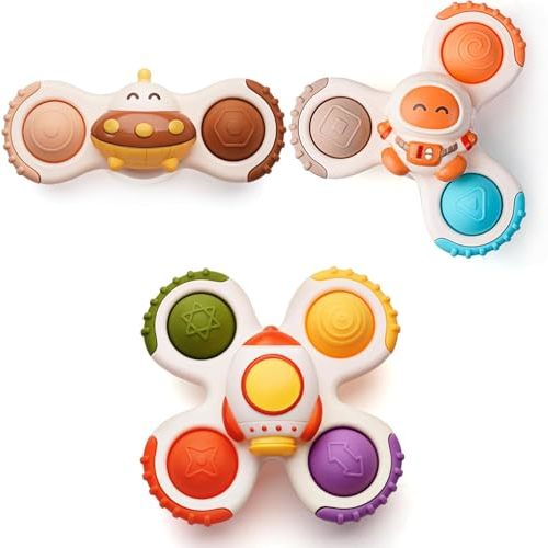 LiKee Strong Suction Cup Fidget Rotating Sensory Bath Toys for Baby 12 18 Months Airplane Car Travel Table & Window Toys for 1 2 Years Old Toddler Boys and Girls (Space-2)