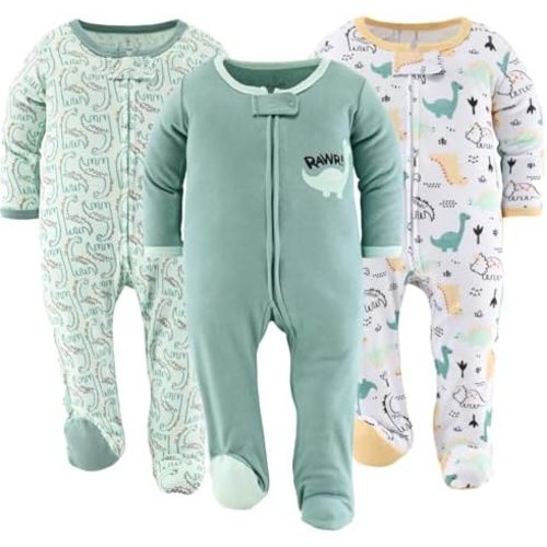 The Peanutshell Baby Sleepers for Boys Set of 3 - Soft Cotton Footed Pajamas for Newborns & Infants - Green Dino