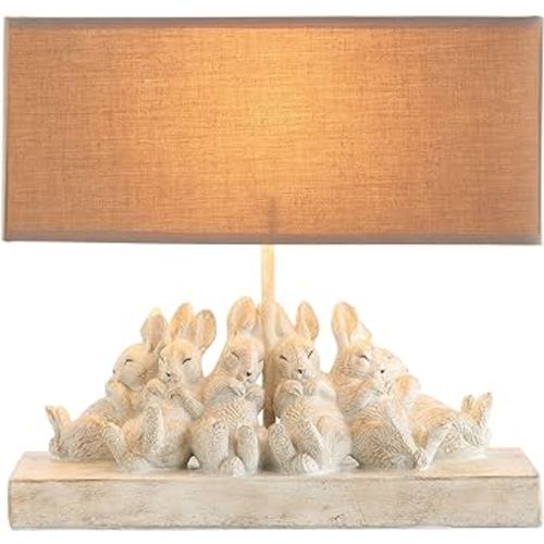 Whitewashed Rabbit Table Lamp with Sand Colored Linen Shade