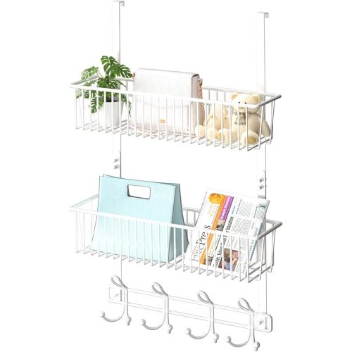 Over The Door Hooks Organizer,Door Hanger Door Storage with 2 Baskets,Over The Door Towel Rack Coat Hooks with 12 Hooks,for Bathroom,Bedroom,Kitchen,Office,Apartment(White)