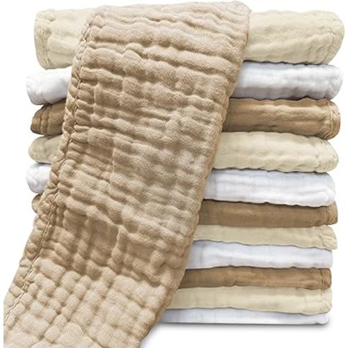 Sunny zzzZZ Muslin Burp Cloths for Baby 100% Cotton Burping Cloths for Unisex, Boy, Girl - Large 20'' by 10'' Newborn Essentials Ultra Soft Absorbent Milk Spit Up Rags - 12 Pack - White+Ivory+Brown