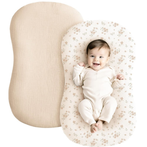 Konssy Muslin Baby Lounger Cover 2 Pack, 100% Cotton Newborn Lounger Cover, Soft and Breathable Baby Nest Slipcover for Boys Girls (Blossom,Pink)