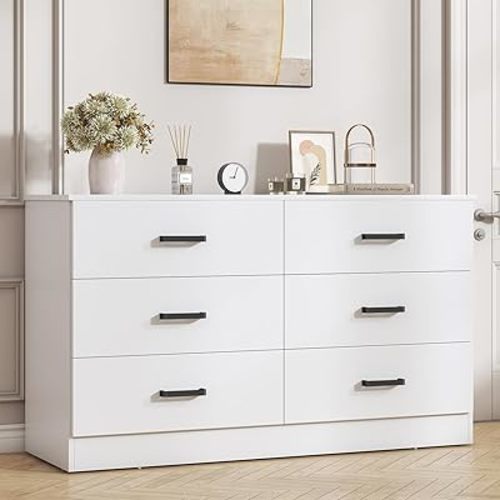 Bigbiglife Wood Dresser for Bedroom, 6 Drawer Double Dresser, Modern Chest of Drawers with Deep Drawers, Large Storage Organizer for Living Room, Closet,15.8" D x 47.2" W x 27.7" H (White)