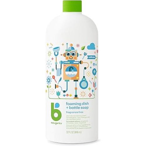Babyganics Foaming Dish & Bottle Soap Refill, Fragrance Free, Plant-Derived Cleaning Power, Removes Dried Milk, 32 Fl Oz (Pack of 1), Packaging May Vary
