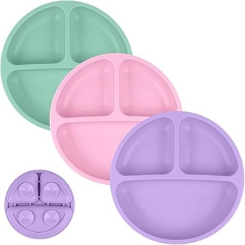 Vicloon Suction Plates,3 Pcs Baby Toddler Plate Silicone, BPA Free Divided Plate, Divided Plate Design,Silicone Grip Dish Microwave & Dishwasher Safe