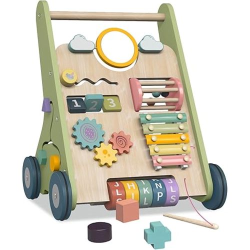 Wooden Baby Walker Wheels,Baby Push Walker for Babies 6-12 Months Montessori,Toddler Walker Push Toy Wooden Activity Walker for Baby Boy,Walking Toys for 1 Year Old Learning to Walk Girl Christmas