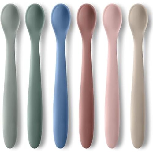6-Piece Silicone Baby Feeding Spoons for First Stage Infant, Soft-Tip Easy on Gums I Training Spoon Self | Baby Utensils Feeding Supplies, Dishwasher Safe & Boil-proof