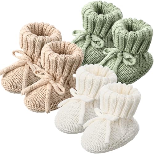 3 Pairs Baby Booties Newborn Baby Shoes 0-6 Months First Walkers Cozy Shoes Knitted Baby Booties for Infant Boy Girl
