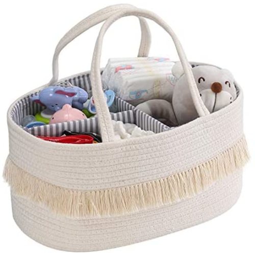 Baby Rope Diaper Caddy Organizer - Nursery Storage Bin Canvas Portable Diaper Storage Basket with Removable Inserts for Changing Table &Car, Newborn Baby Shower Basket
