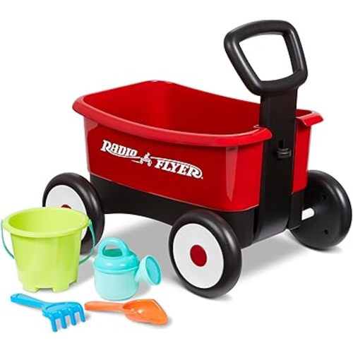 Radio Flyer My 1st Wagon 2-in-1 Walker & Pull Wagon with Beach and Garden Tools for Toddlers Ages 1-4, Red Amazon Exclusive