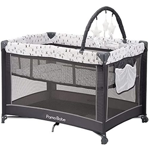 Pamo Babe Portable Playard,Sturdy Play Yard with Mattress and Toy bar with Soft Toys(Grey)