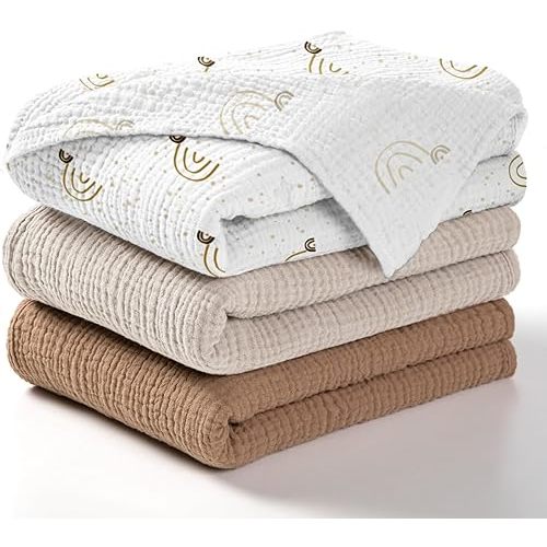 lulumoon Baby Muslin Swaddle Blankets: Soft Receiving Blanket for Newborn - Cotton Swaddling Blanket for Neutral 3Pack(Rainbow Brown)